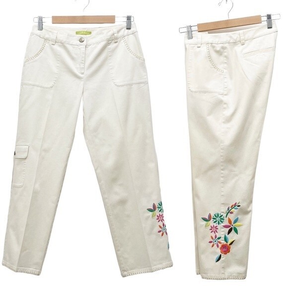 Sigrid Olsen Cream Pants Floral Embroidered Cropped Poet Pant Women’s Size 4 - Picture 1 of 15